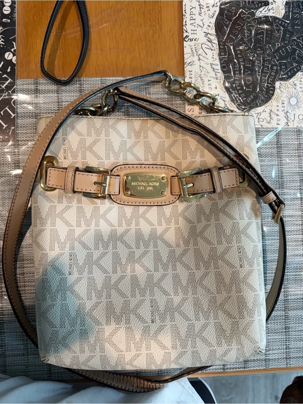 Michael Kors Cream Logo Crossbody Bag with Tan Trim